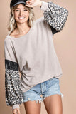 Taupe Knit Top with Leopard Sleeve