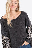 Charcoal Knit Top with Leopard Sleeve