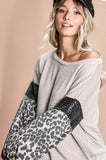 Taupe Knit Top with Leopard Sleeve