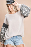 Taupe Knit Top with Leopard Sleeve