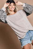 Taupe Knit Top with Leopard Sleeve