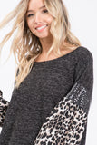 Charcoal Knit Top with Leopard Sleeve