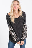 Charcoal Knit Top with Leopard Sleeve