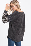 Charcoal Knit Top with Leopard Sleeve