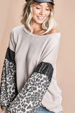 Taupe Knit Top with Leopard Sleeve