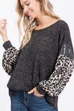 Charcoal Knit Top with Leopard Sleeve