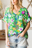 Green Floral V-Neck Flowy Top