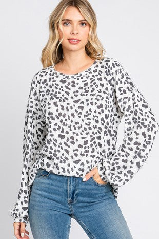 Leopard Waffle Bubble Sleeve Top