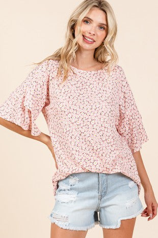 Floral Print Double Layer Sleeve Top in Blush